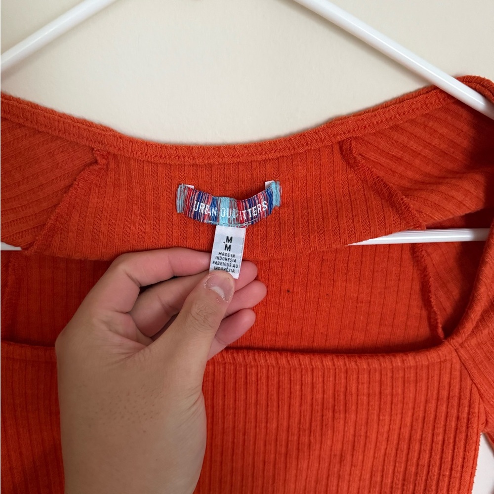 Vibrant Orange Urban Outfitters Orla Ribbed Knit Square Neck Cropped Long Sleeve - Picture 5 of 11